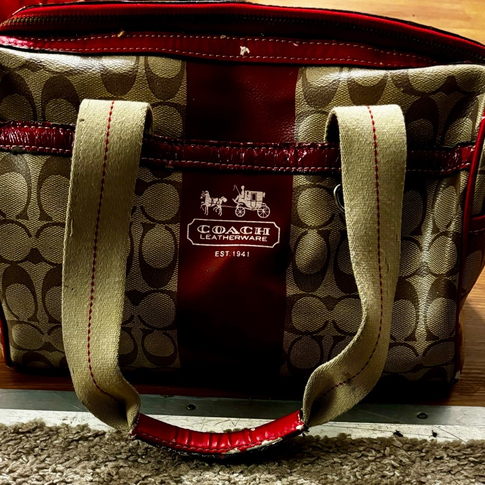 Coach Heritage Stripe Satchel Red leather accents Lot of wear Restoration bag - Picture 3 of 14